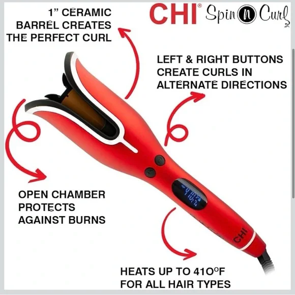 Chi Spin N Curl 1” Ceramic Rotating  Curling Iron-ruby red - Picture 5 of 6